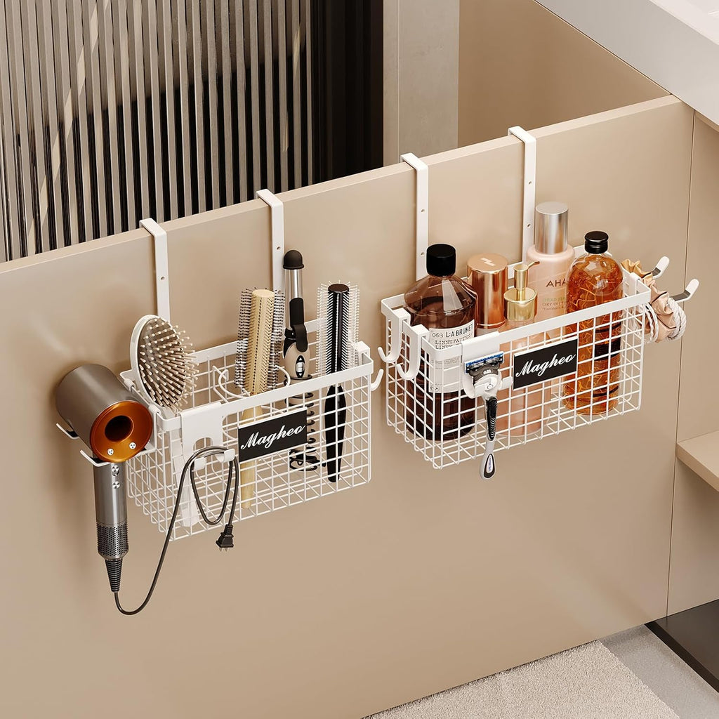 2 Pack Hair Tool Organizer,Adhesive Hair Dryer Holder Cabinet Door/Wall Mounted Adjustable Height Blow Dryer Holder Under Sink Bathroom Hair Appliance Organizer and Storage Countertop(White)