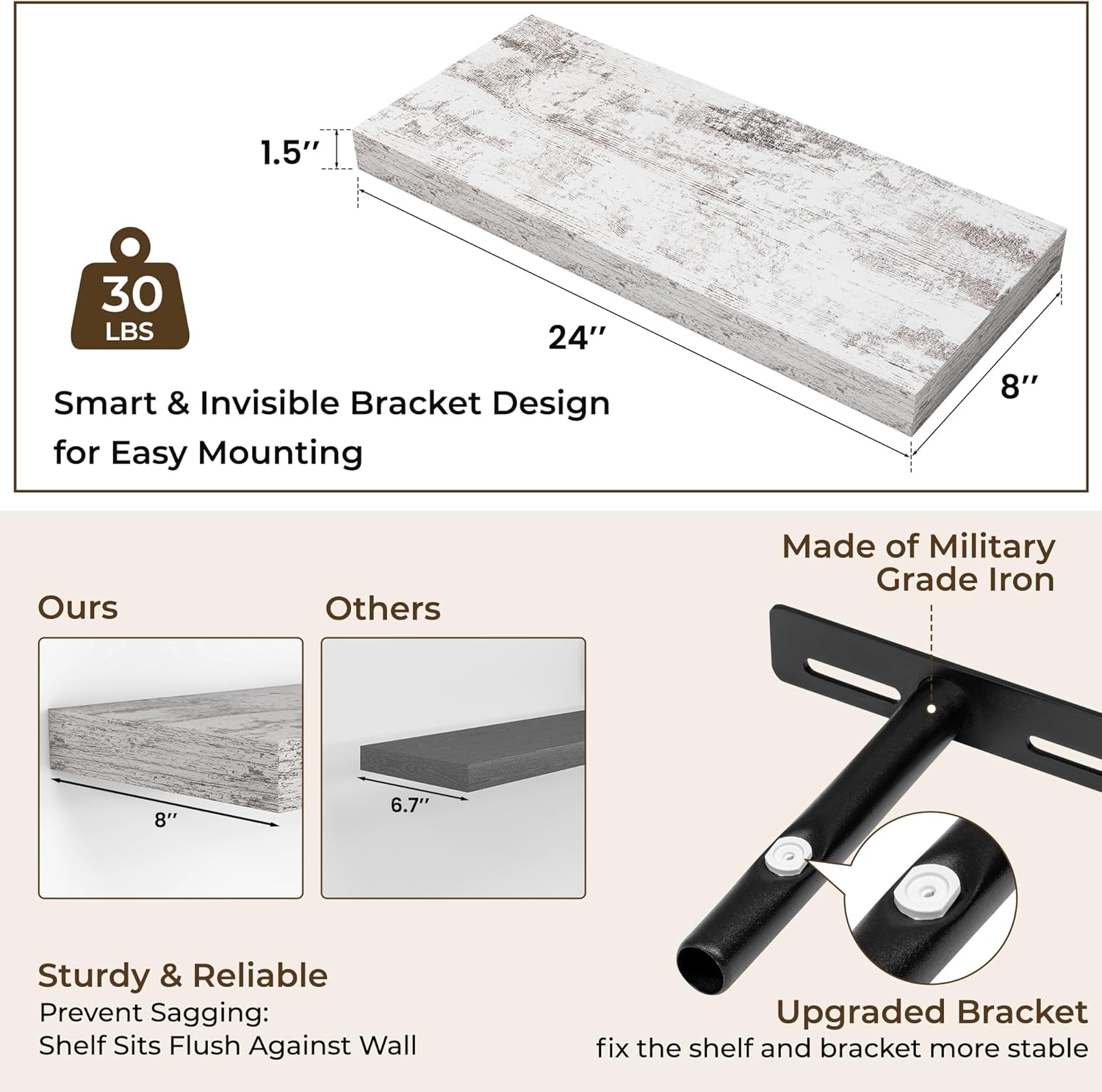 RICHFOCUS 24Inch Floating Shelves for Wall 2 Pack Shelves for Bedroom|Kitchen|Bathroom Wall Mounted Rustic Distressed Wood Floating Shelf with Invisible Brackets for Books|Storage|Decor, Rustic