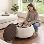 VKNOW 30" Round Storage Ottoman Coffee Table, Ottoman with Sotrage with Lift-Off Lid and Solid Wood Legs, Coffee Tables for Living Room, Bedroom, Apartments, Corners, Beige