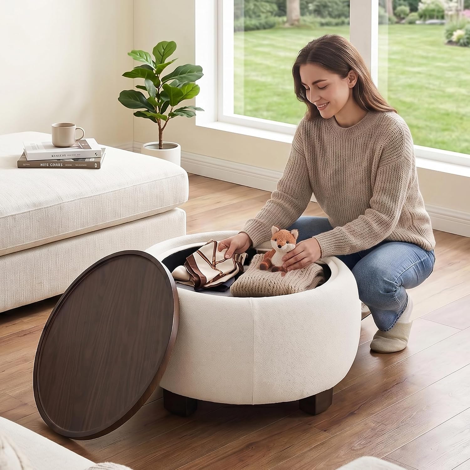 VKNOW 30" Round Storage Ottoman Coffee Table, Ottoman with Sotrage with Lift-Off Lid and Solid Wood Legs, Coffee Tables for Living Room, Bedroom, Apartments, Corners, Beige
