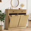 Grepatio Tilt Out Fluted Laundry Hamper Cabinet, 22 Gallon Double Hidden Laundry Hamper, Wooden Trash Can Cabinets with 2 Drawers, Modern Garbage Can Cabinet for Bathroom, Kitchen (Natural, Double)