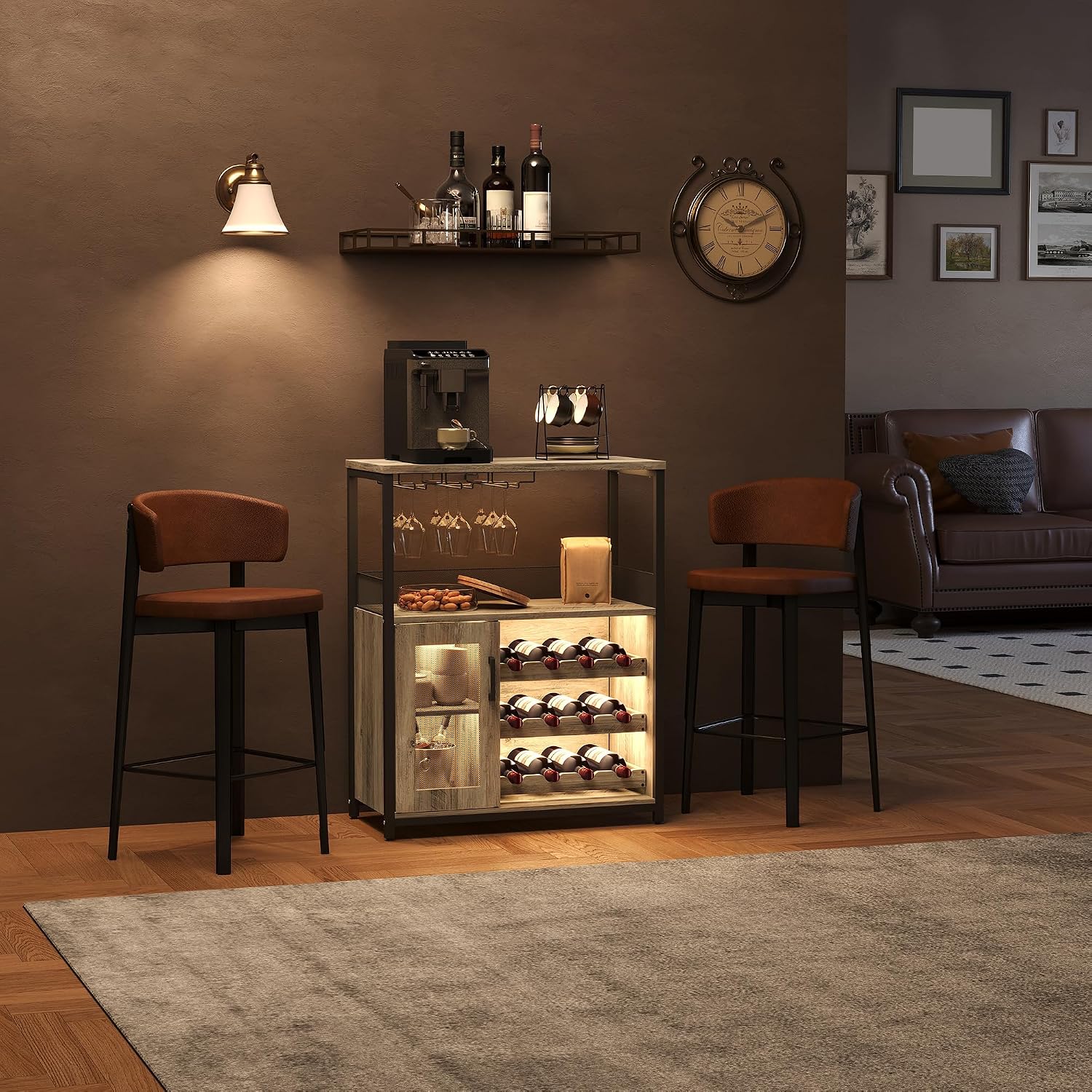 Vintage Industrial Wine Bar Cabinet with Adjustable Wine Racks and Glass Holders, Mesh Door Sideboard Storage Cabinet for Living Room, Kitchen, Dining Room, Compact Design, Gray with Light