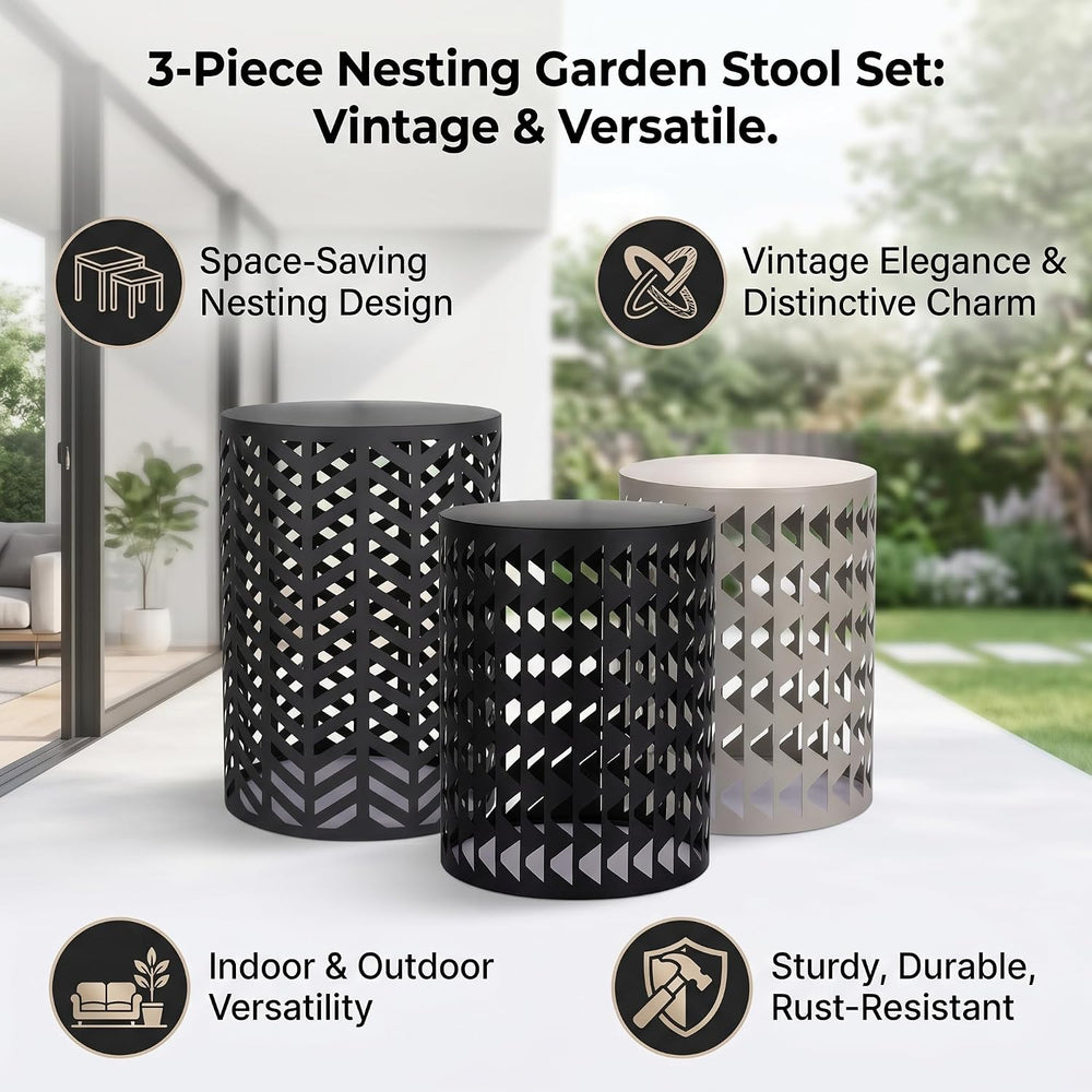 Outdoor Side Table Set of 3 Round Metal Nesting Tables, Patio End Table Black...