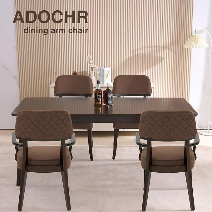 Modern Wood Dining Chairs with Arms Set of 6, Velvet Upholstered Kitchen Chairs with Open Curved Backrest & Black Hardwood Legs, Accent Chairs 350 LBS Capacity, Brown