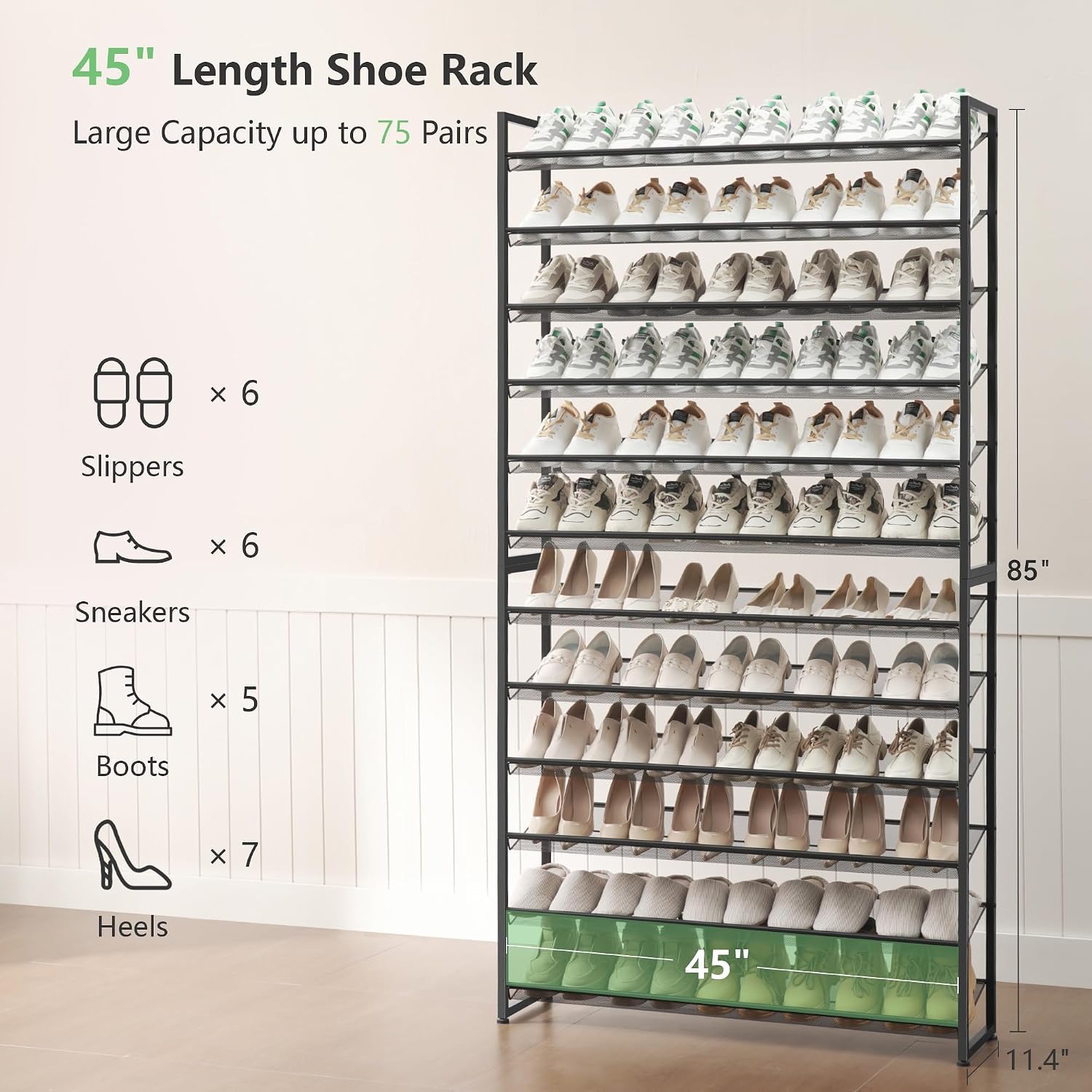 Nunsino Shoe Rack, Long Shoe Organizer,Max Holds 75 Pairs,12 Tier Metal Shoe Storage Shelf,6-Tier Stackable Shoes Organizer for Garage, Entryway,Black