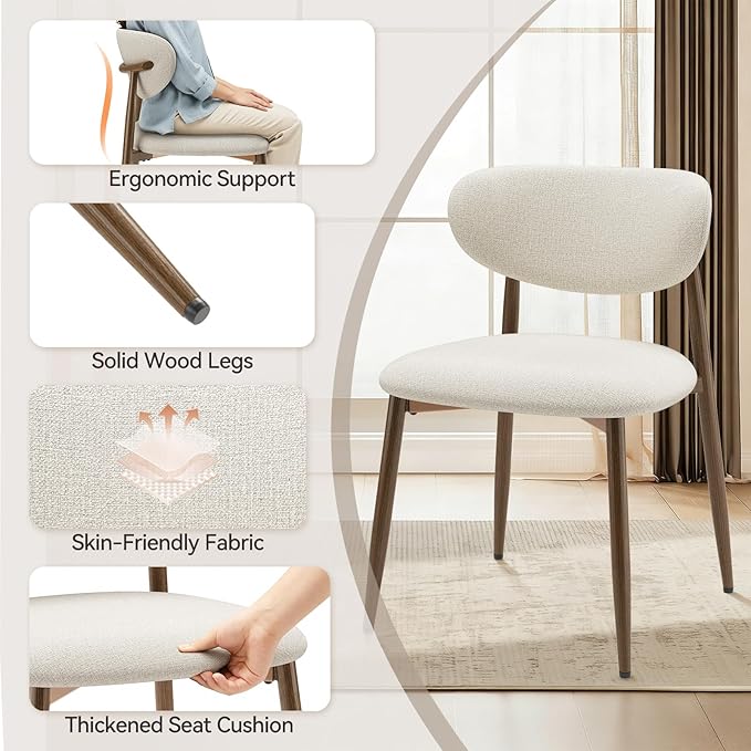 Dining Chairs Set of 2, Curved Back Kitchen Room Chairs with Metal Legs and Anti Slip Pads, Upholstered Dining Chair for Home and Restaurant, Beige