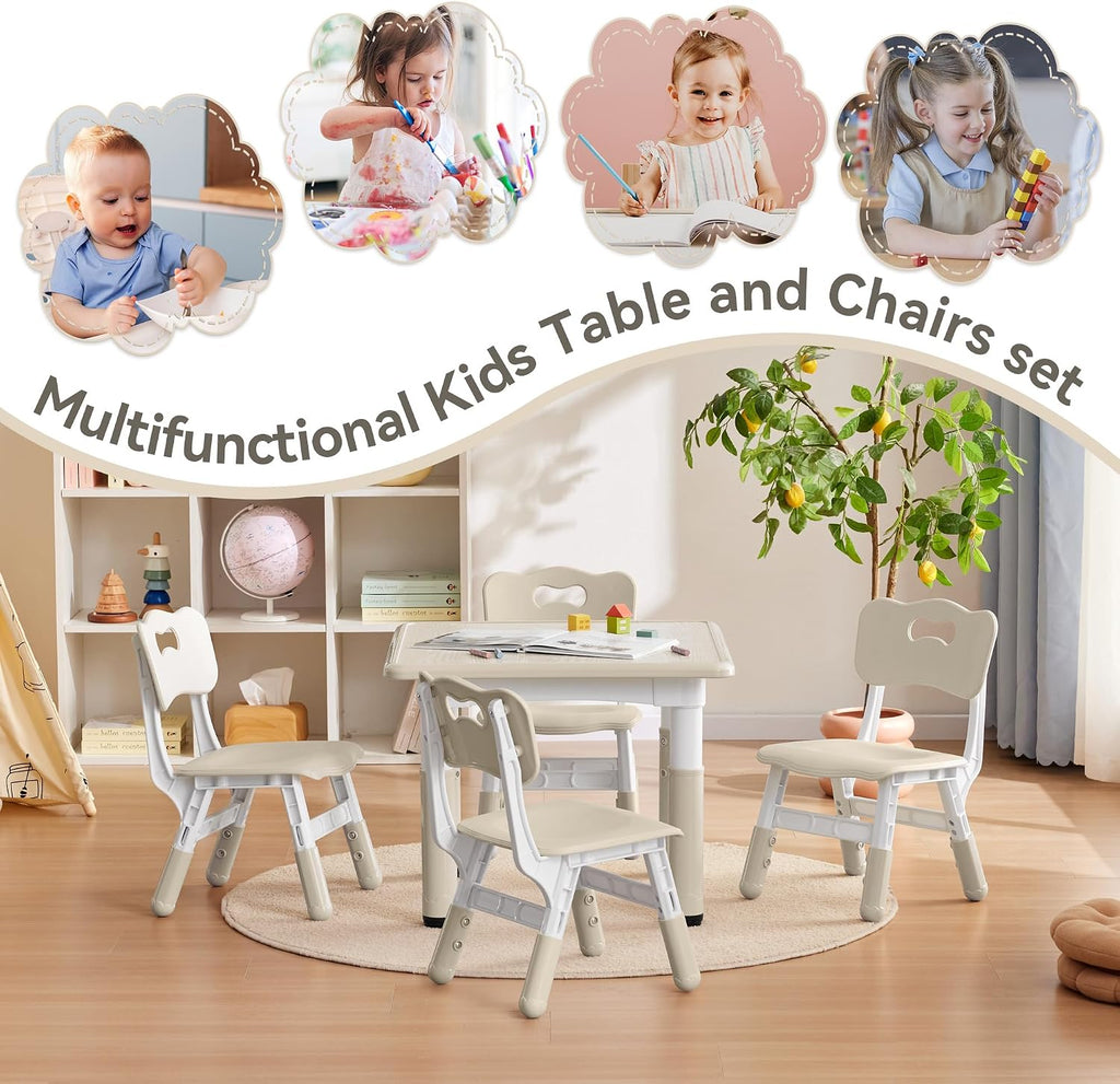 GITAWUSA Kids Study Table and Chairs Set, Height Adjustable Toddler Table and Chair Set for Kids Ages 3-8, 23.6" L x 23.6" W Graffiti Desktop Plastic Children Art Table with 4 Seats, Burlywood