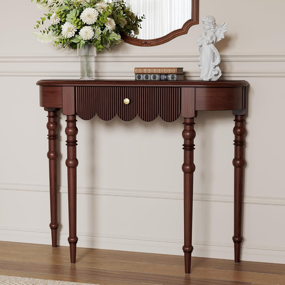 Solid Wood Console Table with Drawer – Dark Walnut Entryway Table with Scallo...