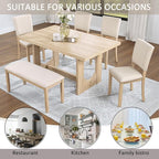 KEIKI 6-Piece Standard Height Dining Table Set with Rectangular Table, 4 Upholstered Curved Backrset Chair, Bench, for 6 Person, Modern Table Set, Easy Assembly, for Kitchen, Dining Room, Beige