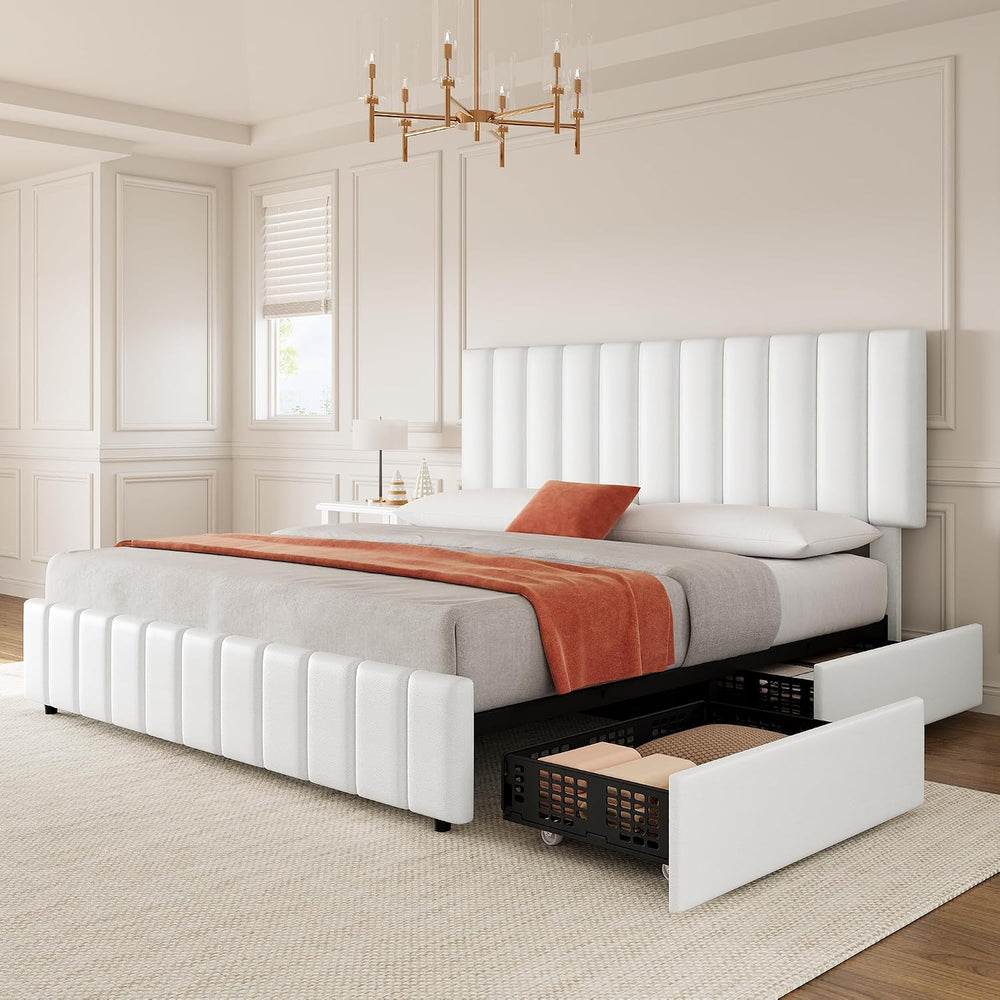 IDEALHOUSE Queen Size Bed Frame with 4 Storage Drawers, PU Leather Linen Upho...