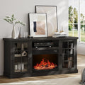 ONBRILL 59 Inch Fireplace TV Stand, Entertainment Center with 23 Inch Electric Fireplace, TV Table for TVs up to 65 Inches, Media Console Cabinet with Storage and Glass Doors for Living Room, Black
