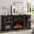 ONBRILL 59 Inch Fireplace TV Stand, Entertainment Center with 23 Inch Electric Fireplace, TV Table for TVs up to 65 Inches, Media Console Cabinet with Storage and Glass Doors for Living Room, Black