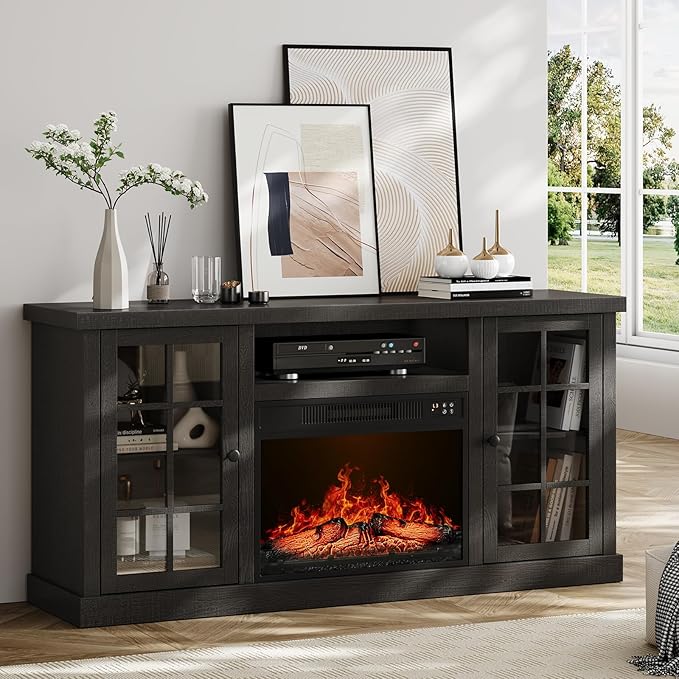 ONBRILL 59 Inch Fireplace TV Stand, Entertainment Center with 23 Inch Electric Fireplace, TV Table for TVs up to 65 Inches, Media Console Cabinet with Storage and Glass Doors for Living Room, Black