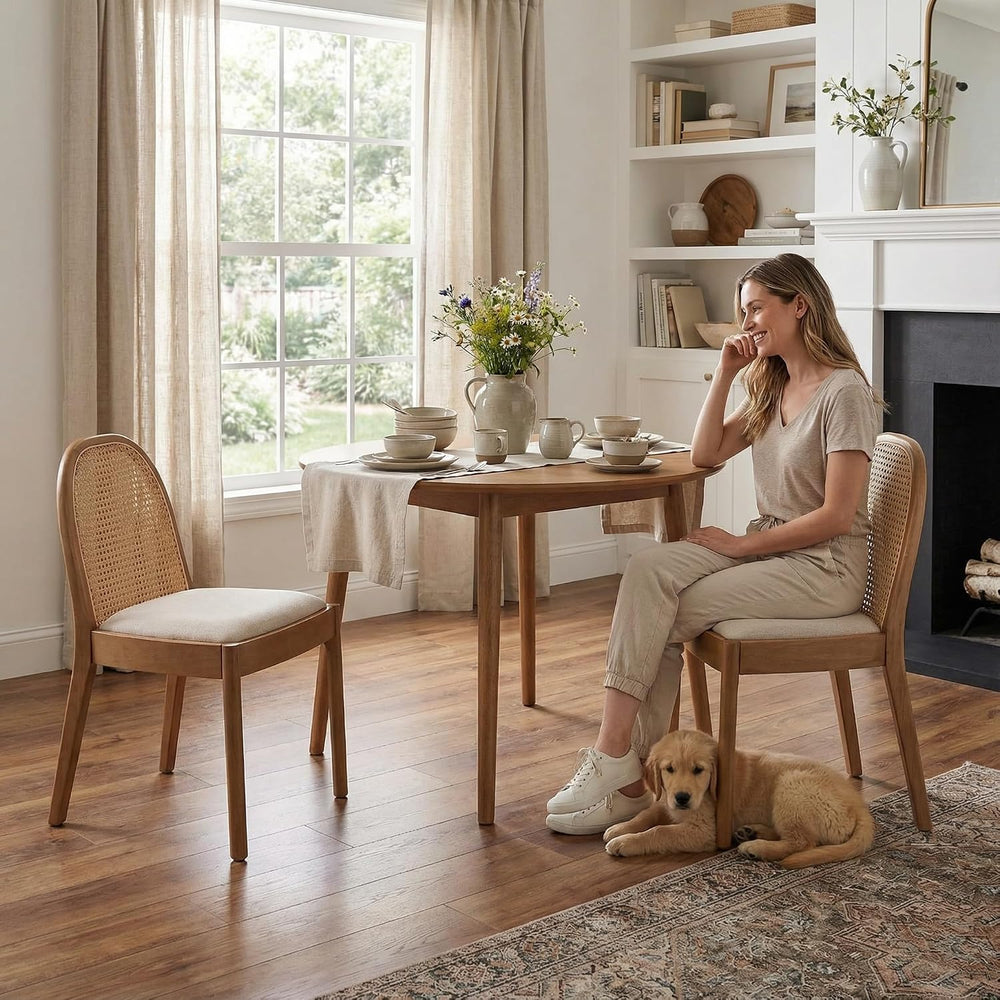LukeAlon Linen Dining Chairs Set of 4, Natural Woven Cane Back with Solid Woo...