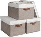 StorageWorks Storage Bins with Lids, Decorative Storage Boxes with Lid and PU Handles, Foldable Storage Baskets for Closet, Shelves, Stackable, Brown and White, Jumbo, 3-Pack