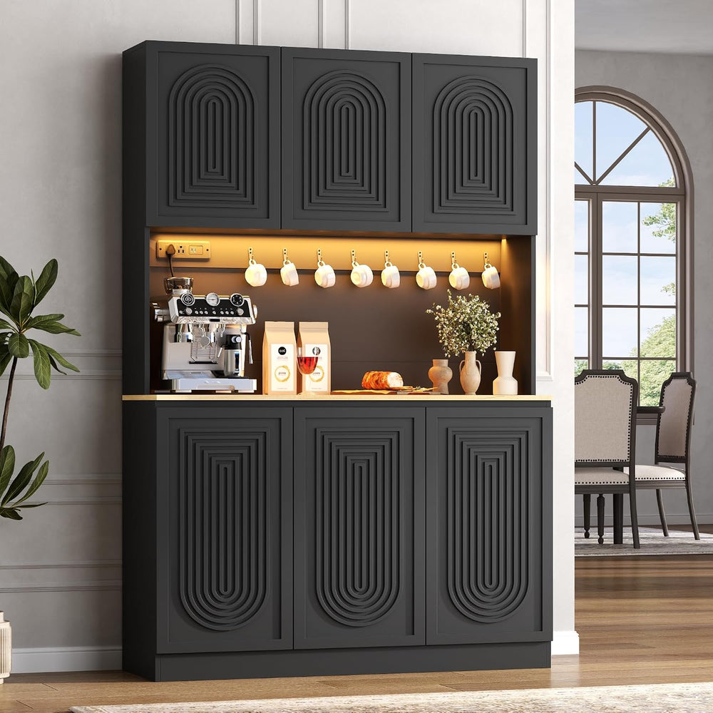 71" Black Kitchen Pantry with Power Outlet, Kitchen Hutch with LED Light...