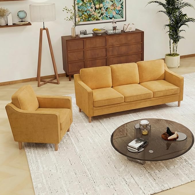 Kingfun Living Room Furniture Sets, 3 Seater Couch and Armchair, Mid Century Modern Sofa Set, Chenille Couch with Solid Wood Frame for Living Room & Bedroom, Yellow