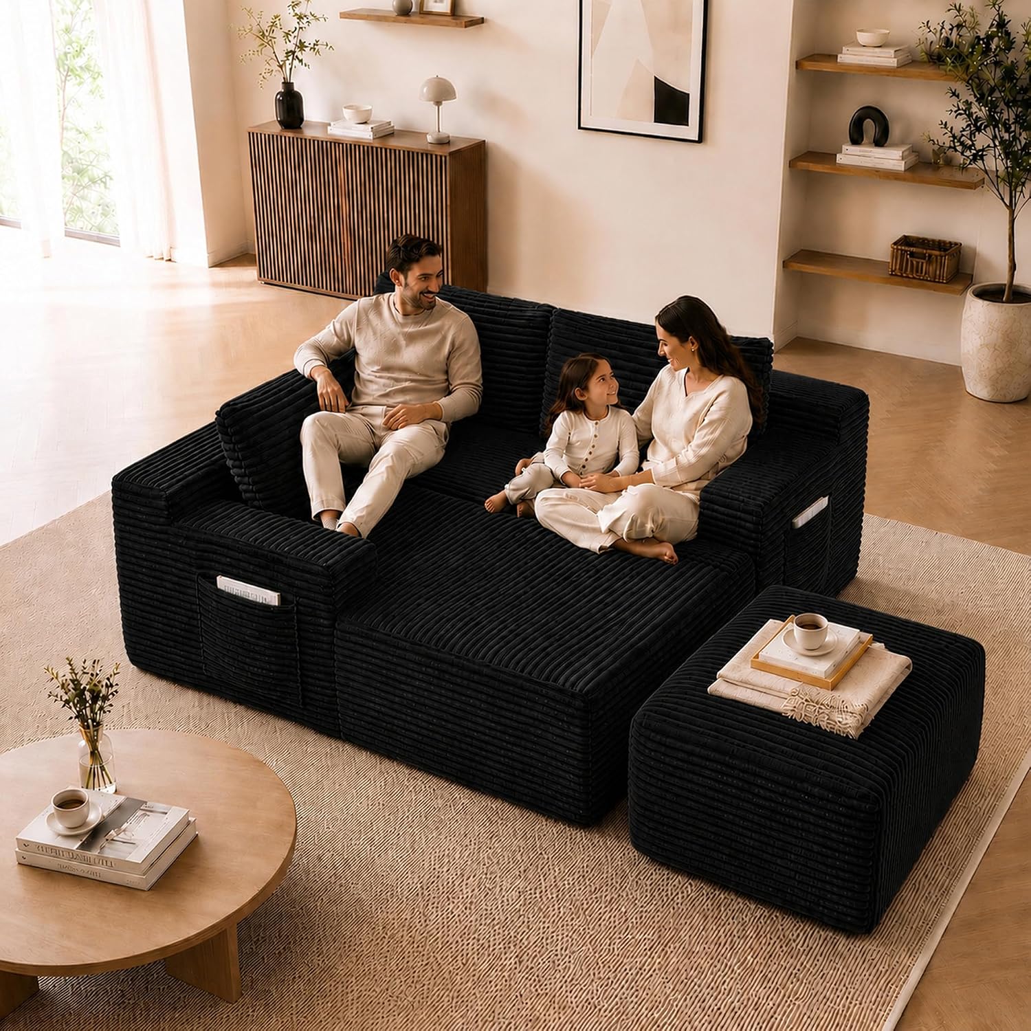 Boneless Couch, Modular Sectional Couches for Living Room, U-Shaped Cloud Couch Sofa with Deep Seat, Fluffy Corduroy Upholstered Corner Sofa