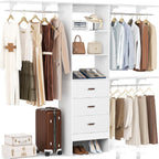 Besiost Closet System with Drawer - 8FT Wood Closet Organizer System with 3 Hanging Rods and Shelving Tower, 96" Walk In Closet Organizer Wardrobe, Heavy Duty Garment Rack Clothes Rack, White