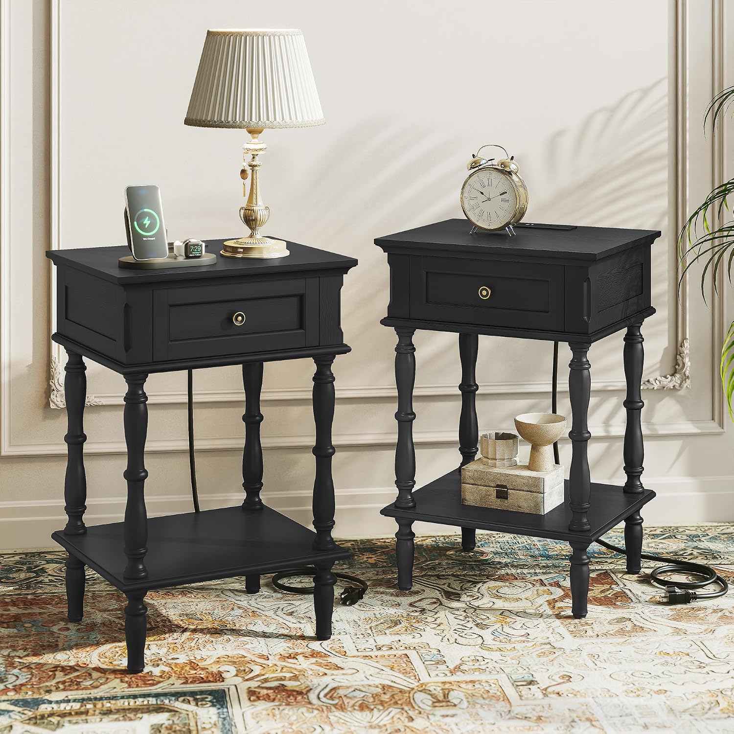 ARTPOWER Nightstands Set of 2 with Charging Station & Storage Shelf, Black | Small Retro Wood Beside Table for Bedroom, Living Room, Tree-Veneer, Minimal Assembly
