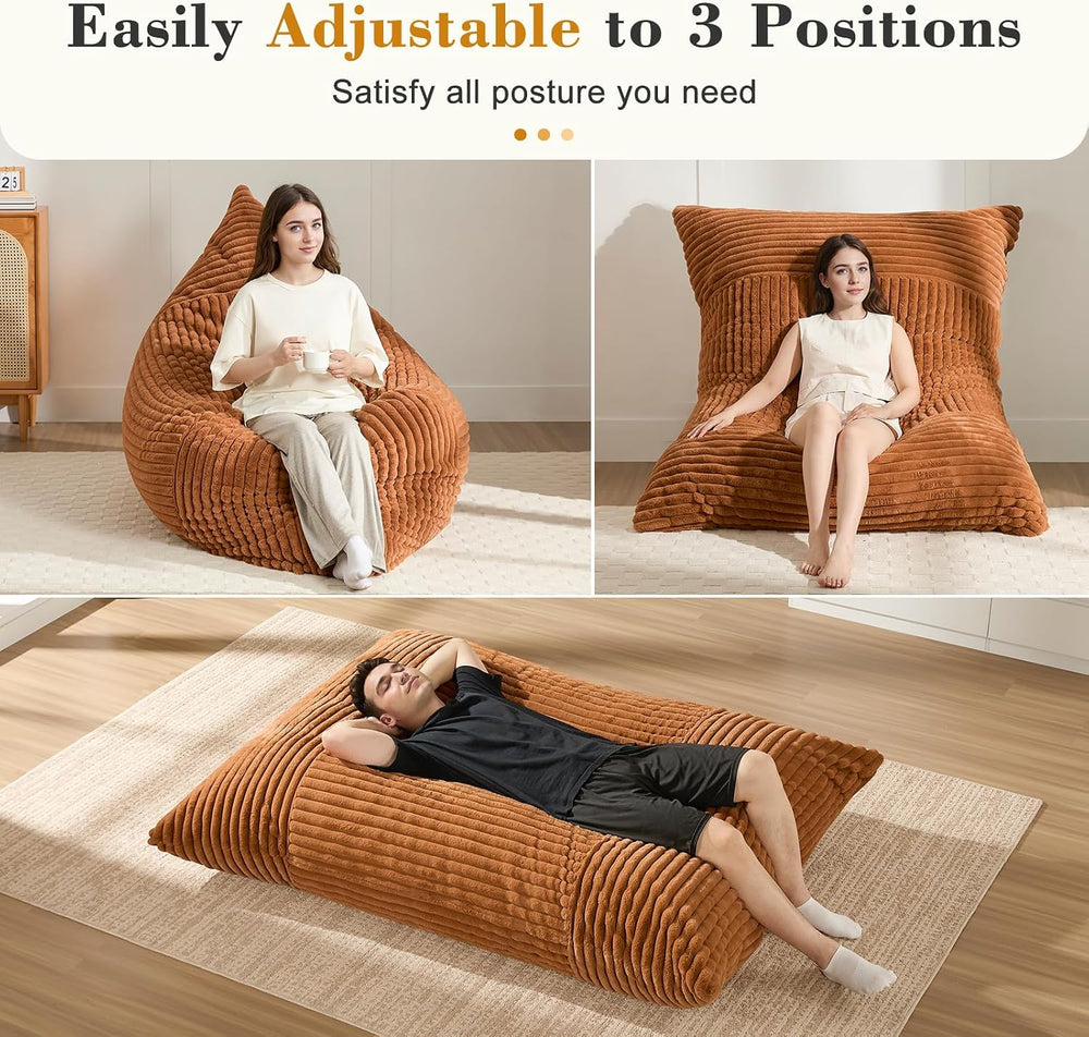 3-in-1 Giant Bean Bag Chair for Adults & Kid, Convertible Floor Sofa to M...