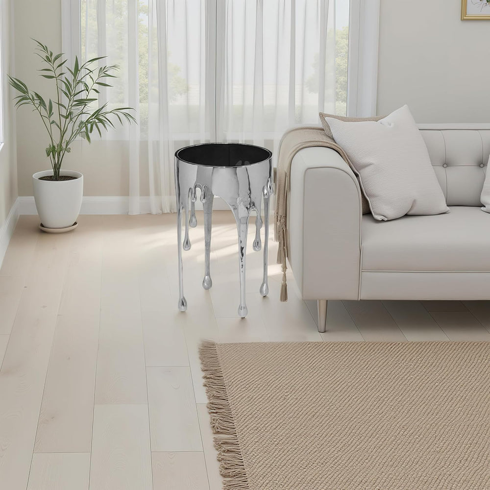 TUP THE URBAN PORT Capri Side End Table, 24.75 Inch Round Glass Top, Silver F...