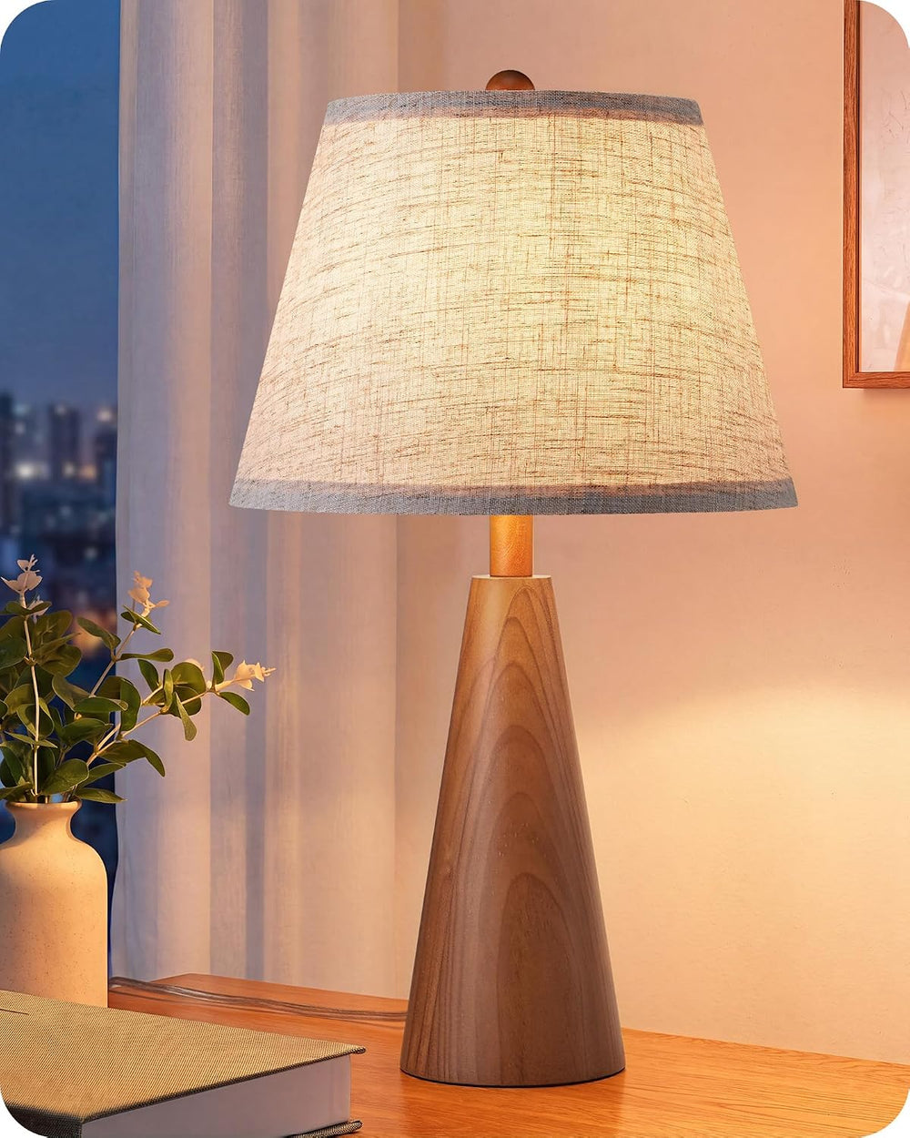 EDISHINE 22" Mid Century Table Lamp, Tapered Walnut Wood Base, E26 Socket