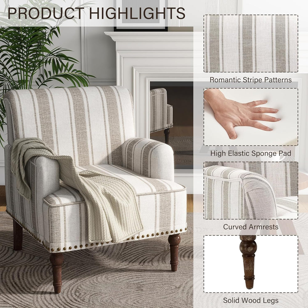 Stripe Accent Chair, Fabric Upholstered Armchair Modern Nailhead Trim Club Ar...