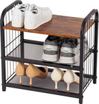 Shoe Rack, 3-Tier Shoe Organizer with Guardrails, Heavy-Duty Metal Mesh Shelves & Rustic Wooden Top for Stylish Closet & Front Door Storage