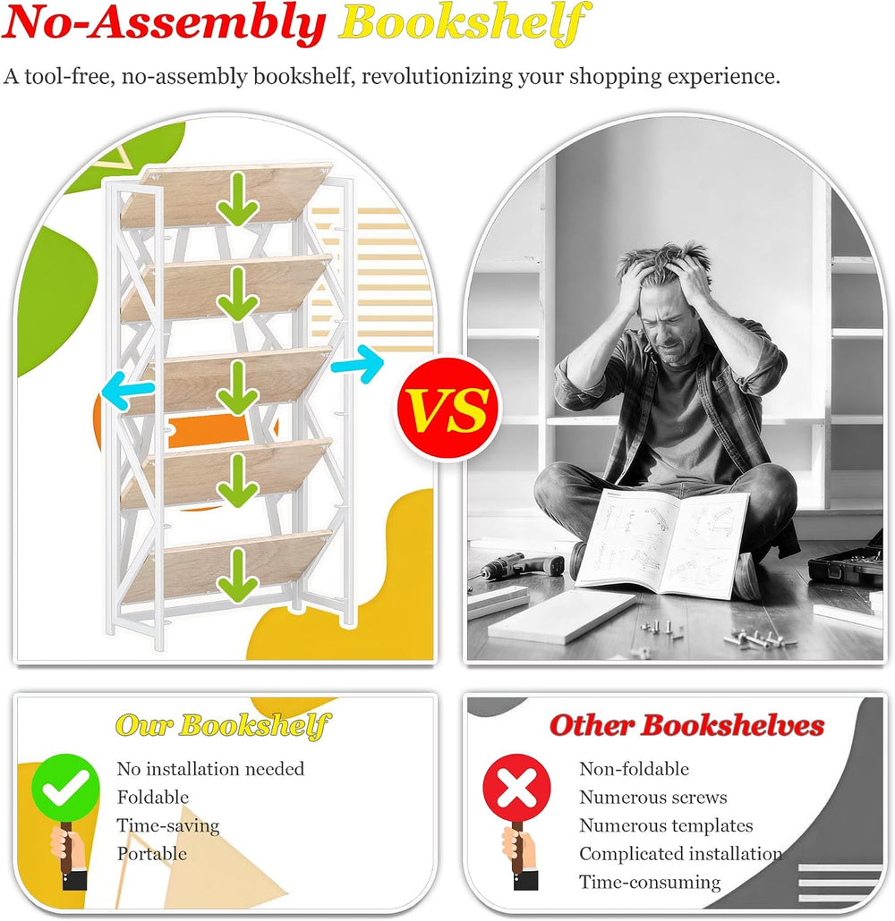 UDD No Assembly Folding Bookshelf, 51.3" H x 23.6" W, 5 Tier Foldab...