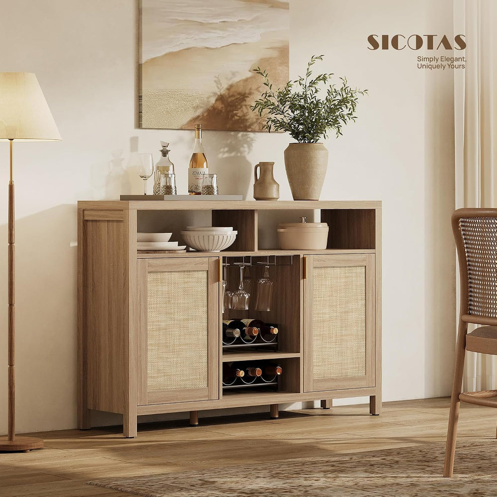 SICOTAS 51" Coffee Bar Cabinet with Storage, Rattan Bar Cart Liquor Cabi...
