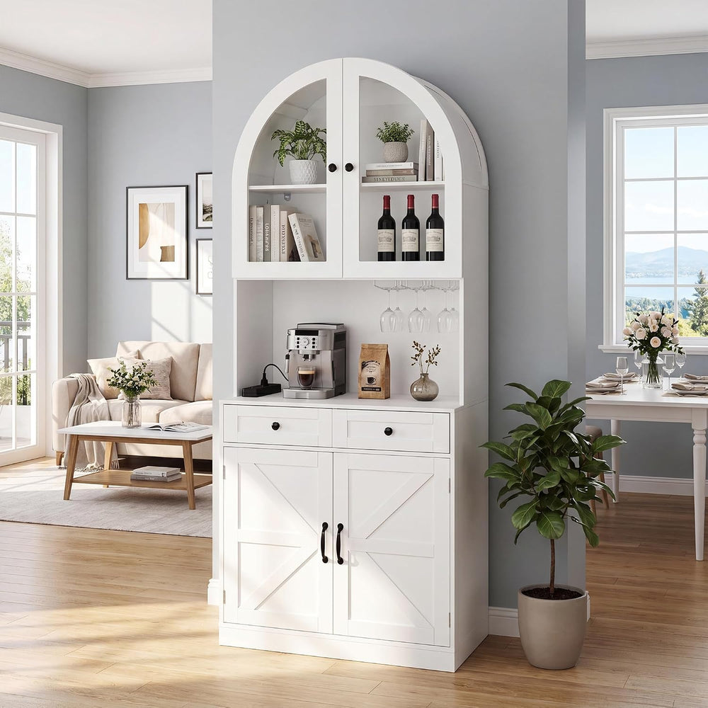 75" Farmhouse Tall Arched Pantry Cabinet with Charging Station & Bar...