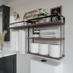 RICHER HOUSE 3+1 Tier Wall Mounted Floating Shelves Set of 2, Rustic Wood Wall Shelf with Metal Frame, Extra Storage Rack for Bathroom, Kitchen, Bedroom with Tissue Rack & Towel Bar - Rustic Brown