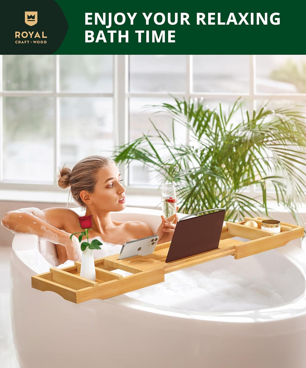 Non-Foldable Bathtub Tray Caddy for Tub, Bamboo Bath Shelf, Premium Wood Bath Table, Expandable Bathtub & Bathroom Accessories, New Home Gifts for Mom, Housewarming, Anniversary