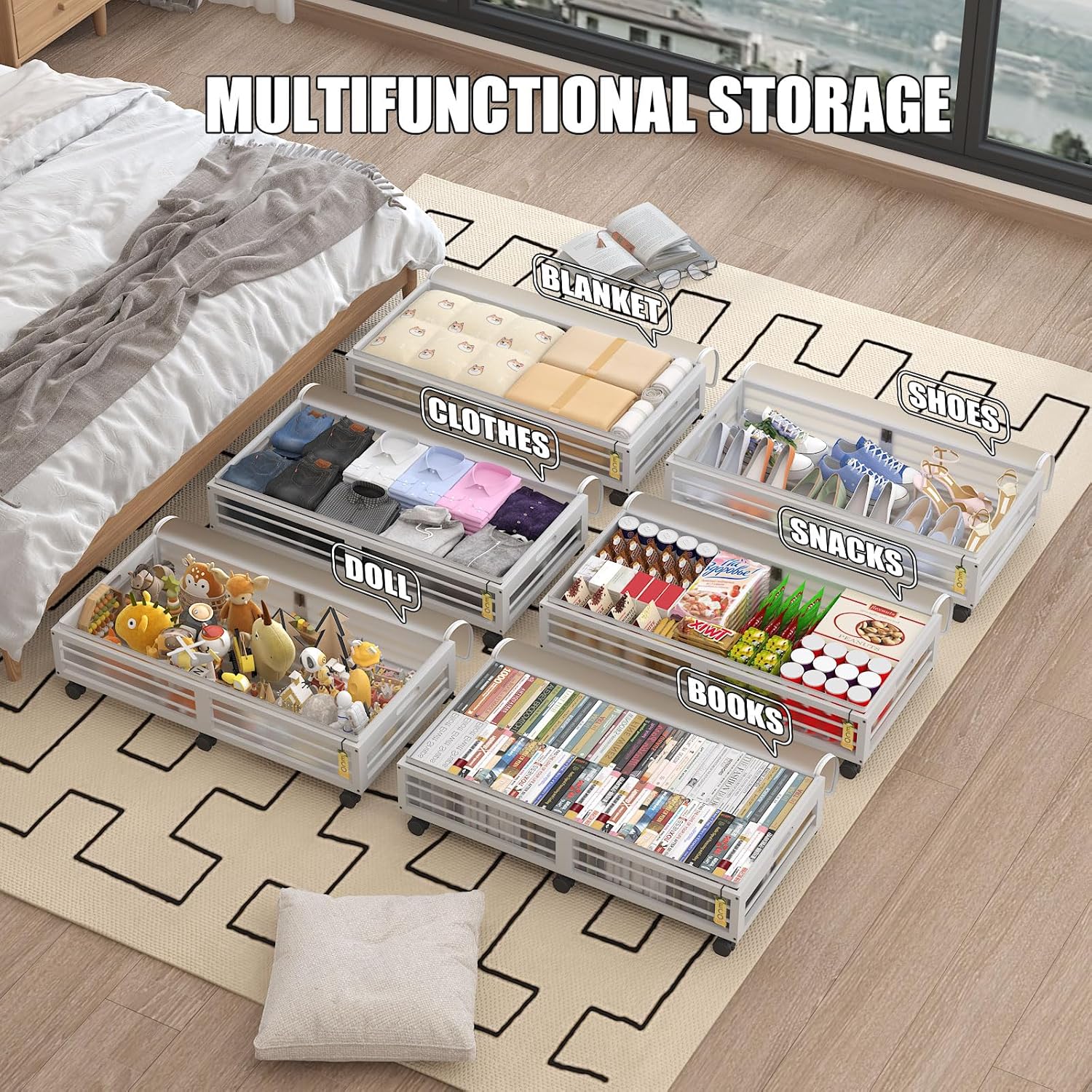 Bamboo Underbed Storage Containers with Wheels & Bag 2 Pack, Large Under Bed Rolling Storage Bins Wood Under Bed Clothes Storage Stackable Drawers for Bedroom Closet Under Crib Toy(White)