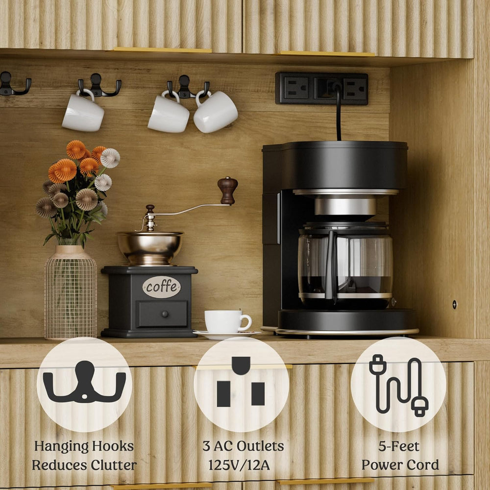 Lulive 71" Fluted Pantry Cabinet with Charging Station, Natrual | Adjust...