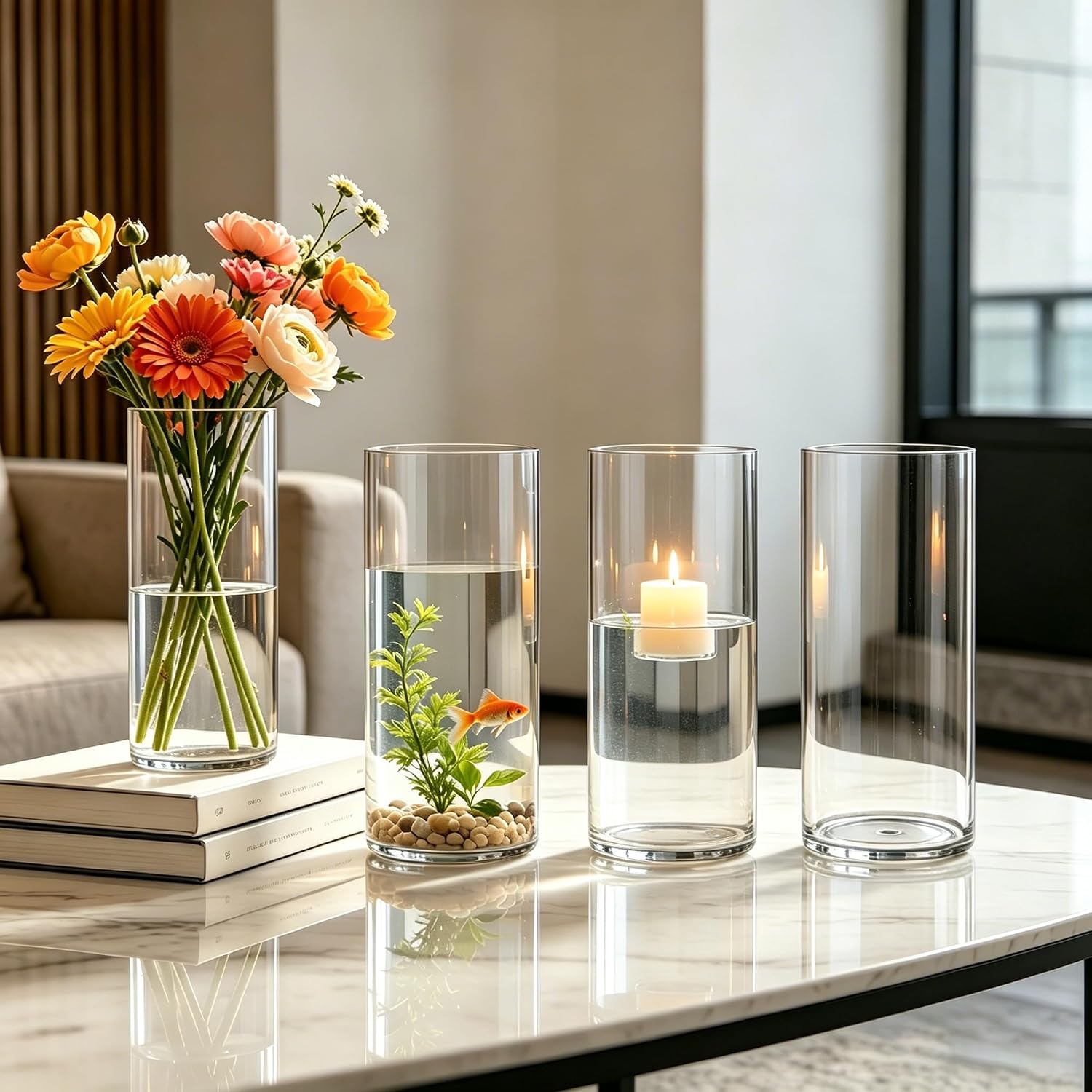 4 Pack Acrylic Cylinder Vases for Centerpieces,5x10 inch Tall Clear Flower Vase, Unbreakable Vases,Hurricane Candle Holders Floating Candle Vase for Wedding Dinner Table Party Living Room Decor