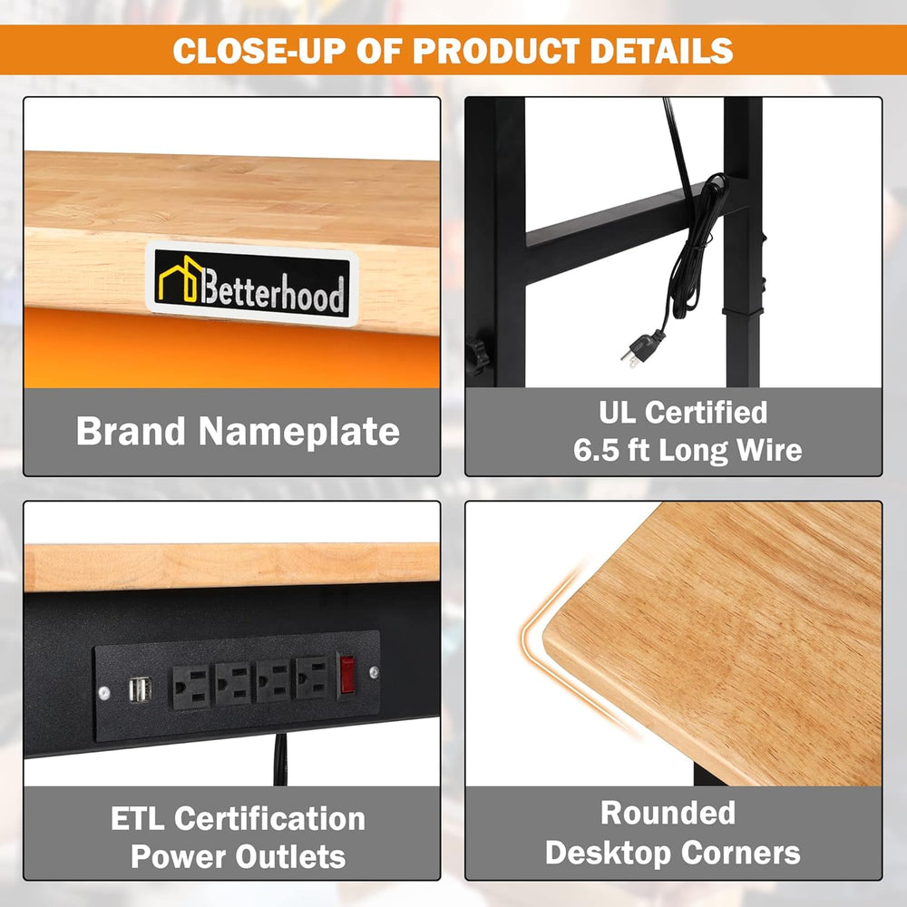 Betterhood Adjustable Height Workbench, 60" Rubber Wood Top Heavy Duty W...