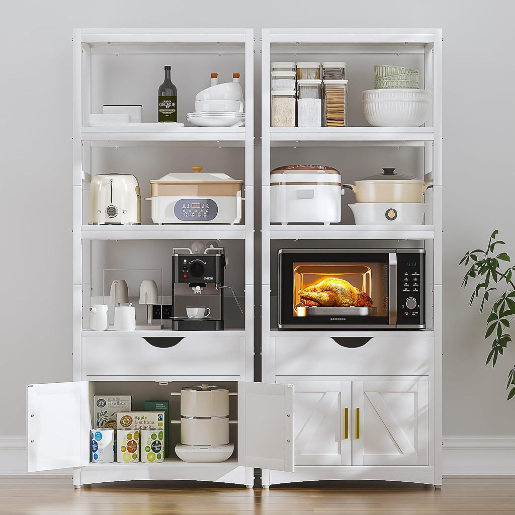 VECELO 3 Tier Freestanding Microwave Stand with Charging Station, Farmhouse Coffee Bar Cabinet with Drawer & Open Storage Shelves, Kitchen Counter Rack Compatible with 1.0 Cu.Ft Microwave Oven, White