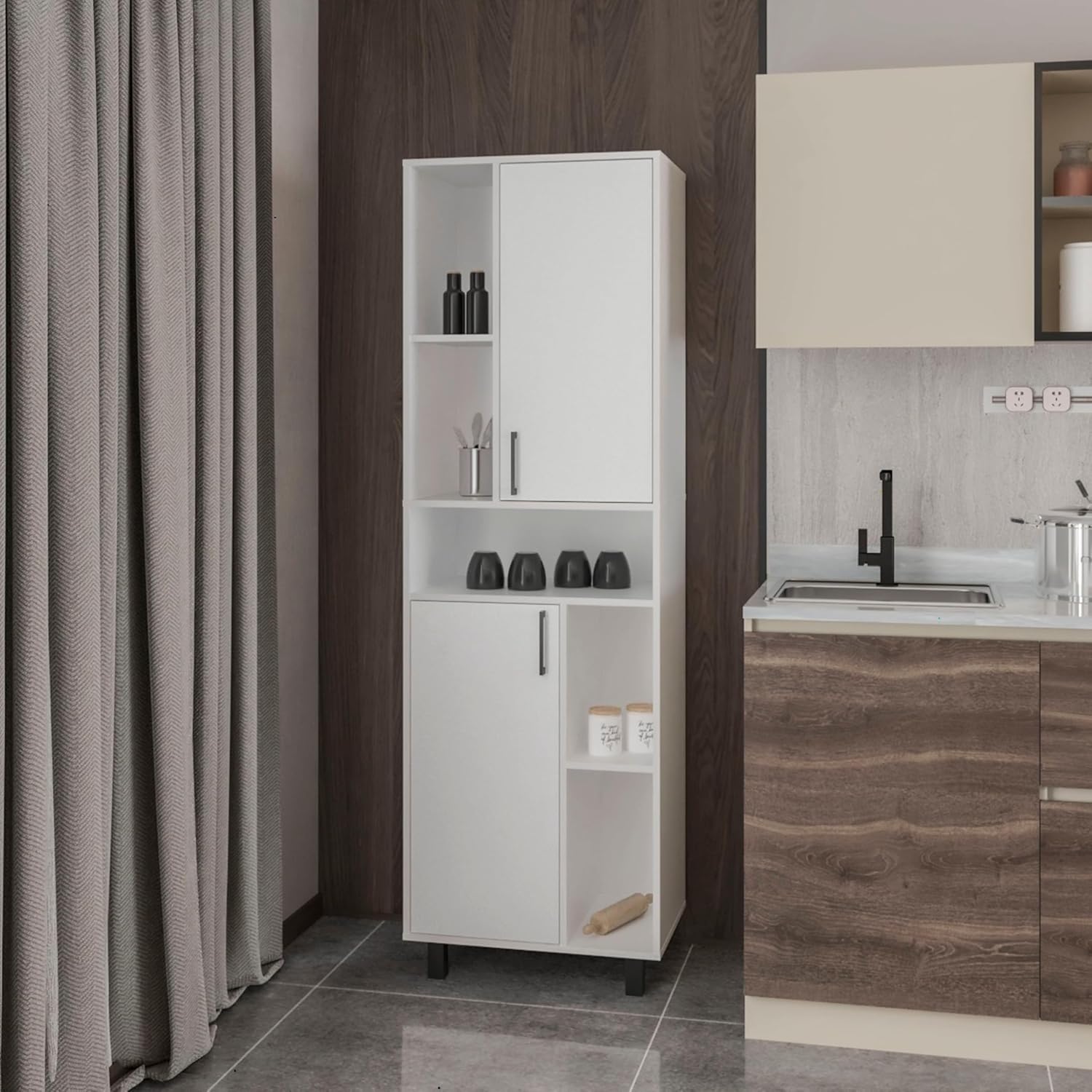 23.6" D*16.2" W*74.8" H Freestanding Kitchen Pantry with 4 Shelves, 2 Single Doors, Rectangular Wood Storage Cabinet, Modern Minimalist, for Living Room, Dining Room, White