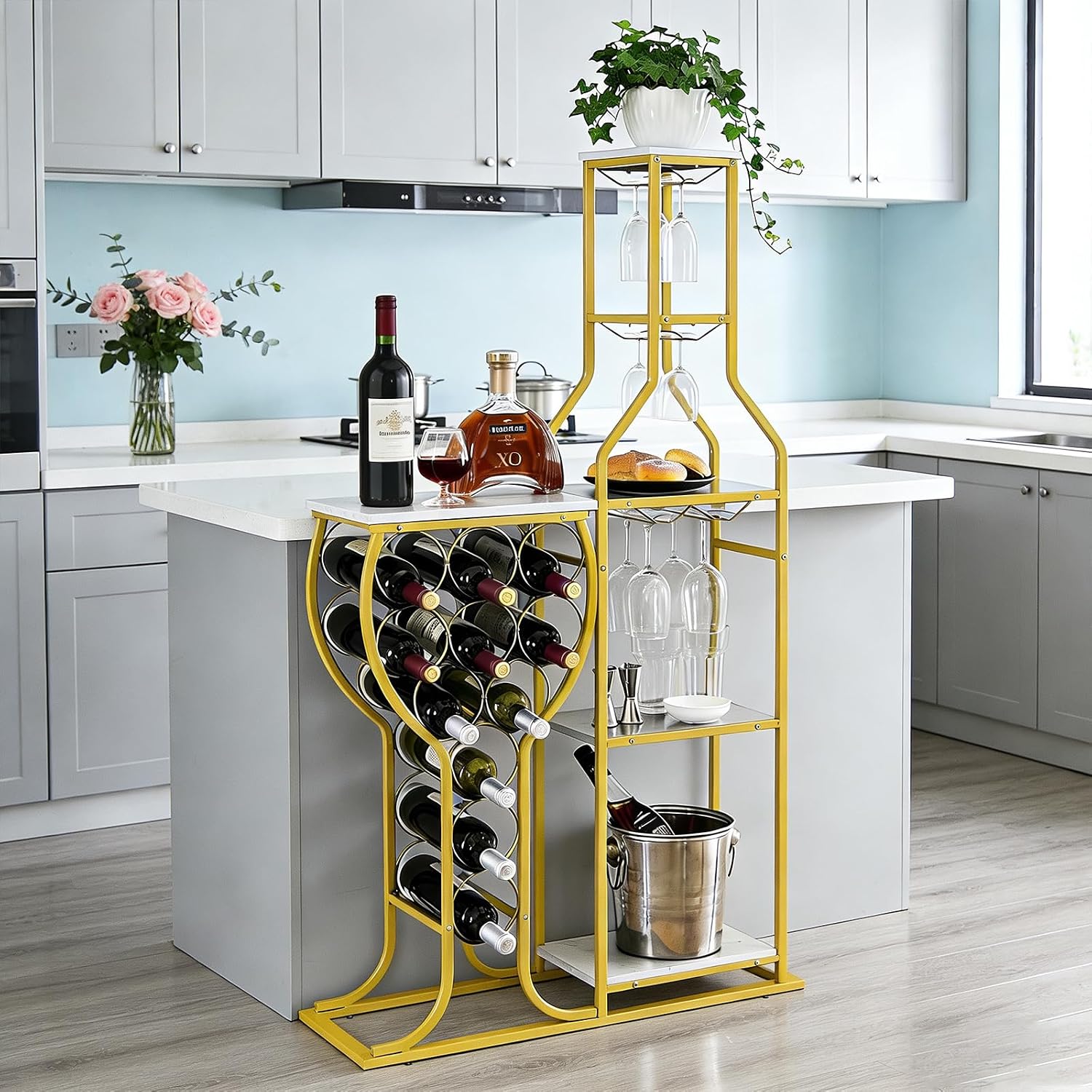 5-Tier Wine Rack Freestanding Floor, 11 Bottles Modern Wooden Wine Holder-Storage Cabinet for Home Bar, Kitchen, Dining Room Space Saving Bar Stand with Easy Assembly.(Gold/White)