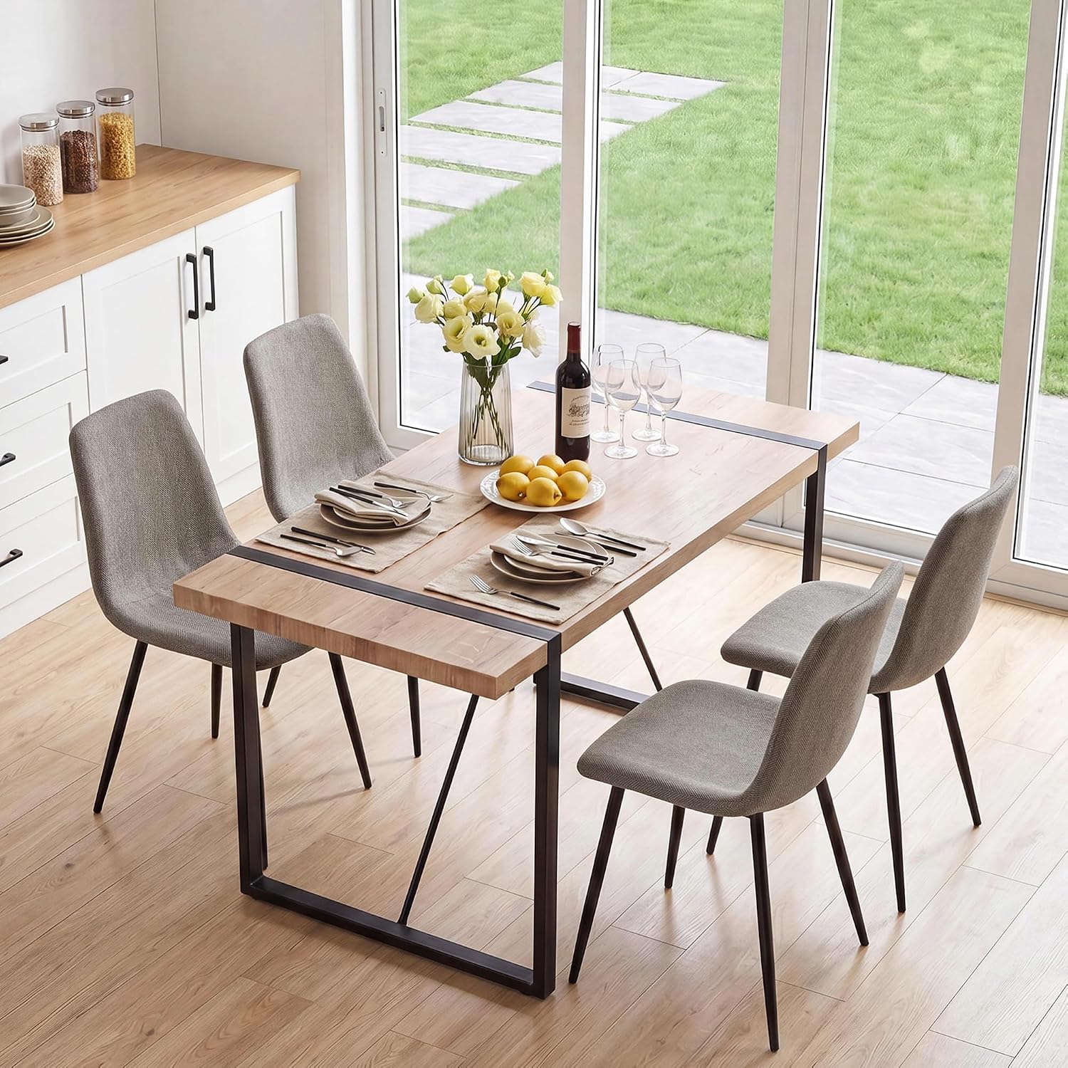 Dining Table Set for 4, Modern Table and Chairs Set of 4, 5 Piece Dining Table Set Include Wooden Rectangle Kitchen Table and 4 Fabric Chairs Ideal for Kitchen Dining Room Easy to Assemble