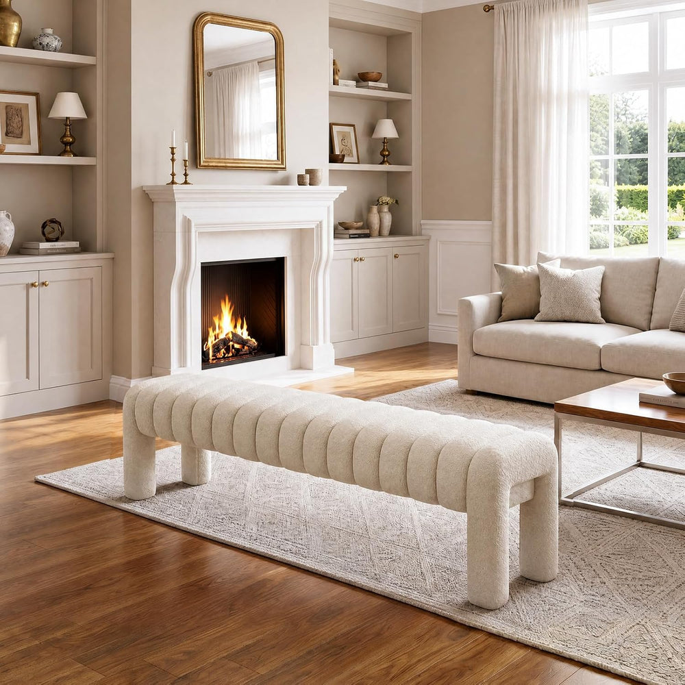63’’ Bedroom Bench, Upholstered End of Bed Bench with Solid Wood Legs, Modern...