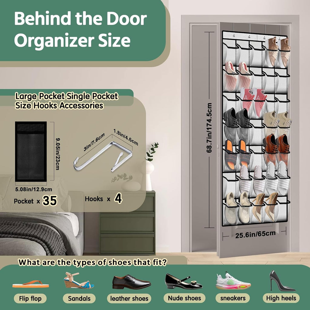 PAULONE 35 Pocket Over the Door Shoe Organizer,Reusable Breathable Large Mesh Bag Men's & Women's Sneaker Organizer,Shoe Organizer for Kids,Hanging Shoe Storage Hanging Bag (White, 35-Slot)