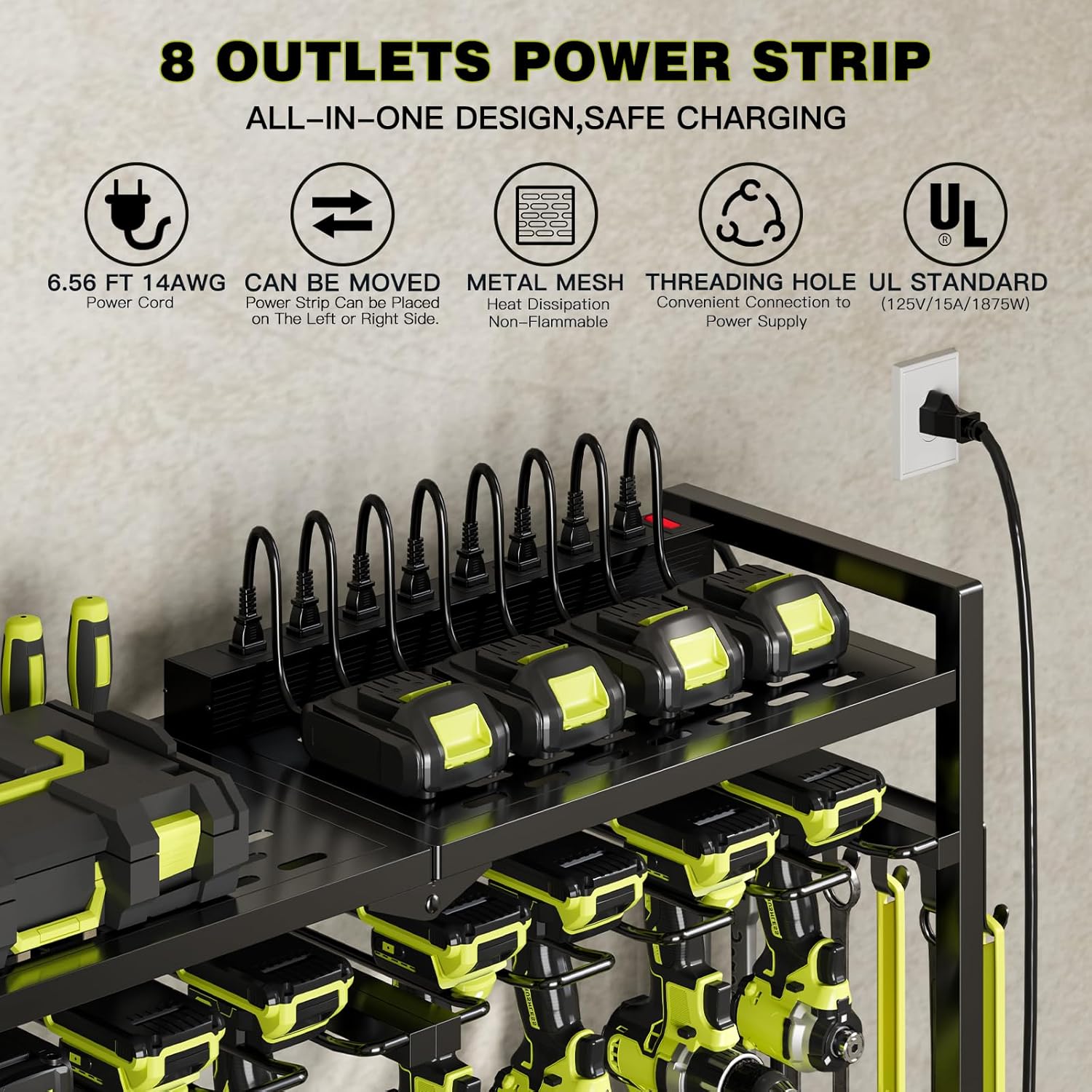Large Power Tool Organizer Cart with Charging Station 8 Drill Holder Garage Storage Standing Heavy Duty and Stability Storage Rack Utility Tool Shelf (Black)