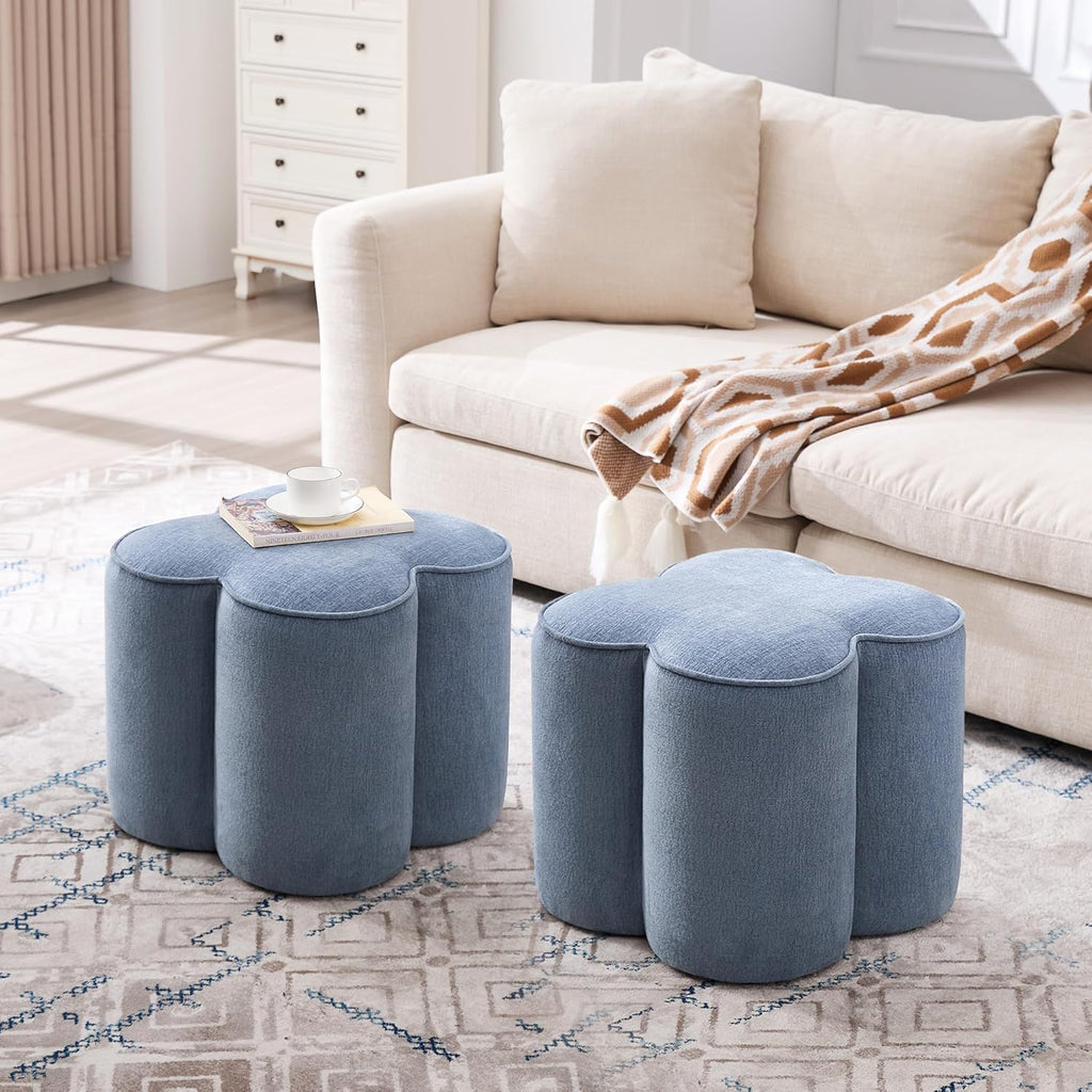 Zesthouse Flower Pouf Ottoman Foot Rest, Linen Fabric Poofy Ottoman Footstool for Couch Sofa, Modern Living Room Stool Seat for Under Entry Table, Cute Square Vanity Stool for Bedroom Dorm, Blue