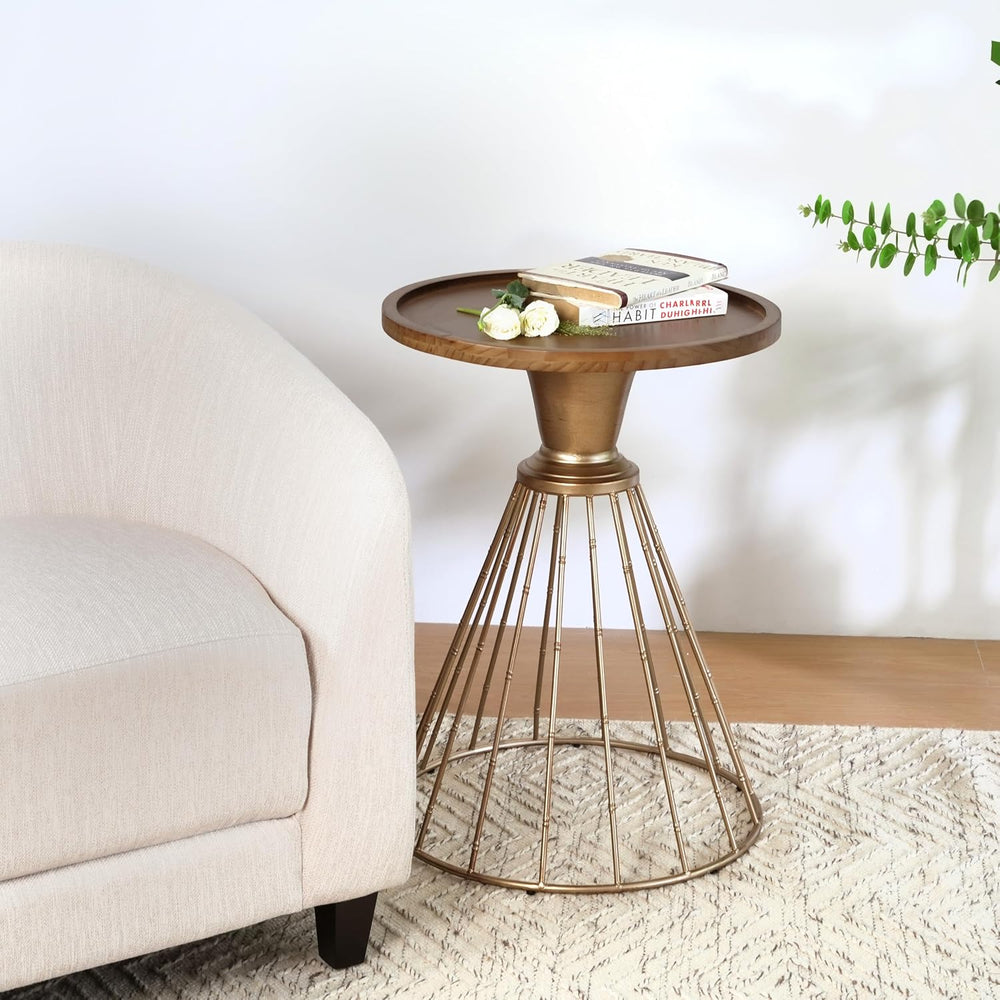 25" Pine Wood & Iron Side Table, End Table with Anti-Slip Concave To...