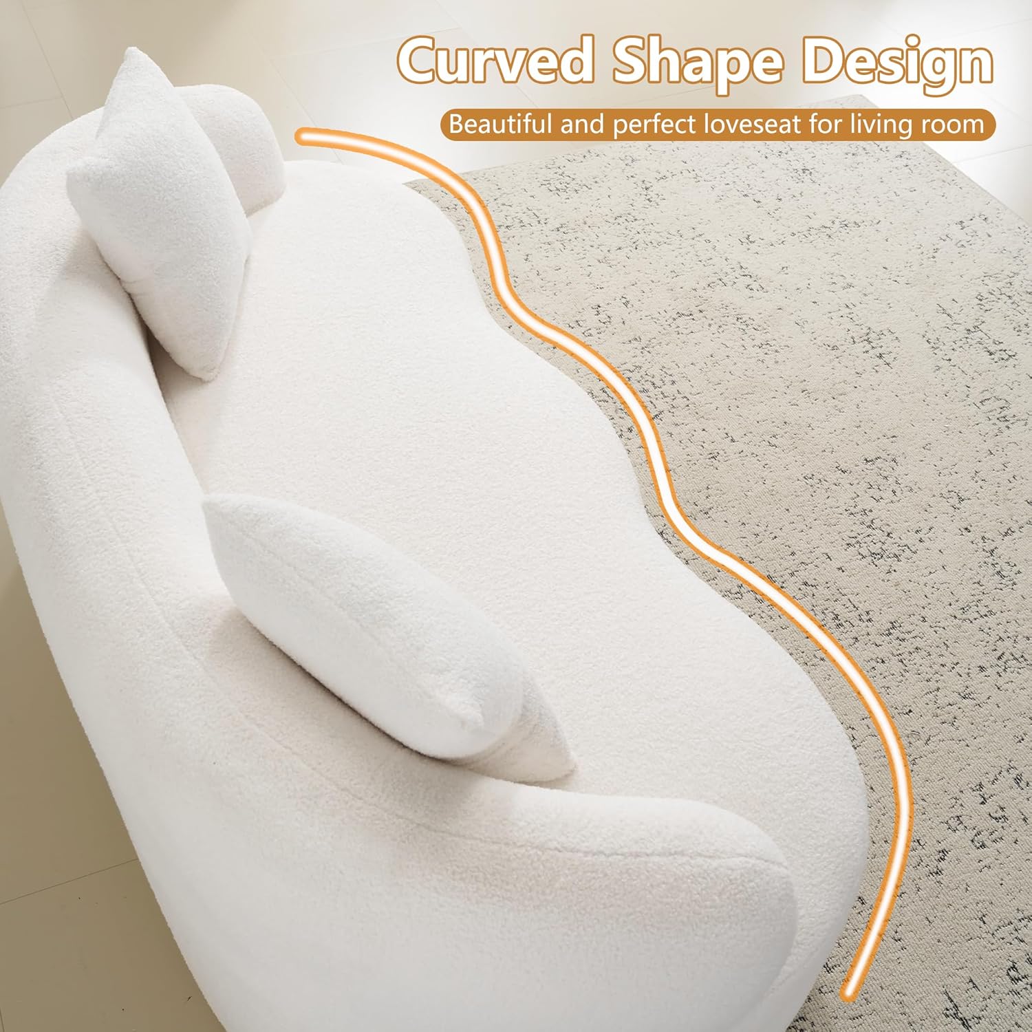 67" Curved Loveseat Sofa for Living Room, Curved Deep Seat Cloud Loveseat with 2 Throw Pillows, Teddy Fabric Modern Loveseat for Small Spaces, White Loveseat, No Assembly Required