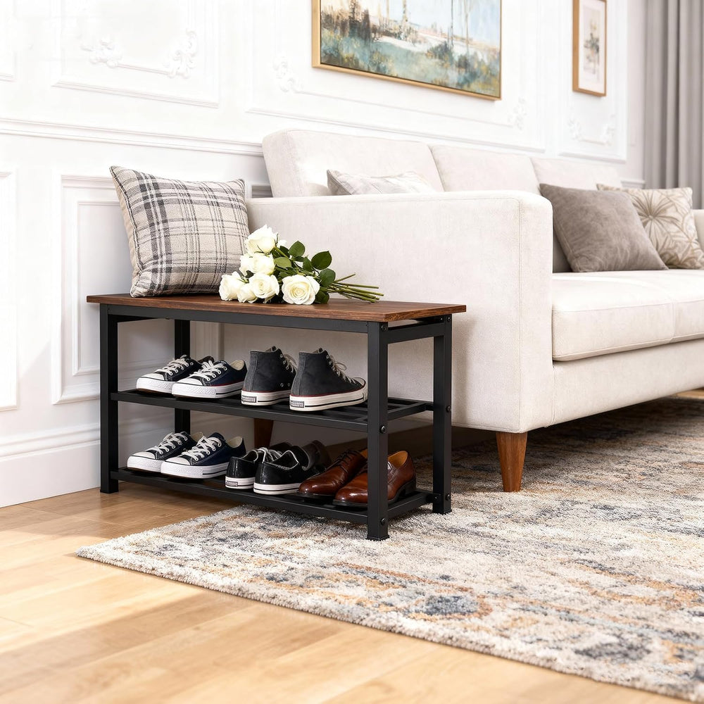 3-Tier Shoe Rack Bench, Rustic Brown Industrial Entryway Storage Organizer wi...
