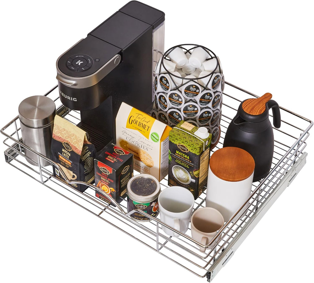 HOLDN’ STORAGE Heavy-Duty Premium Collection Pull Out Cabinet Organizer, Cabinet Drawer Slide Outs, Lifetime Limited Warranty - Basket Size 26" W x 21" D x 5" H, Anti-Rust Chrome Finish